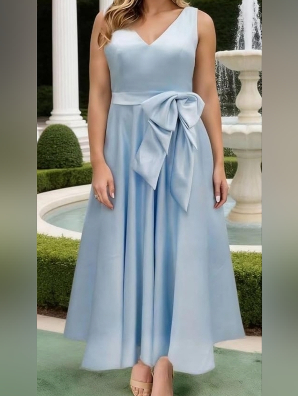 NWT MISS VEIL V Neck Satin Light Blue Gown Corseted Waist Tie Size 16